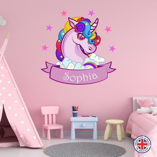 Personalised Name Unicorn Wall Sticker Girls Bedroom Kids Nursery Vinyl Stars
