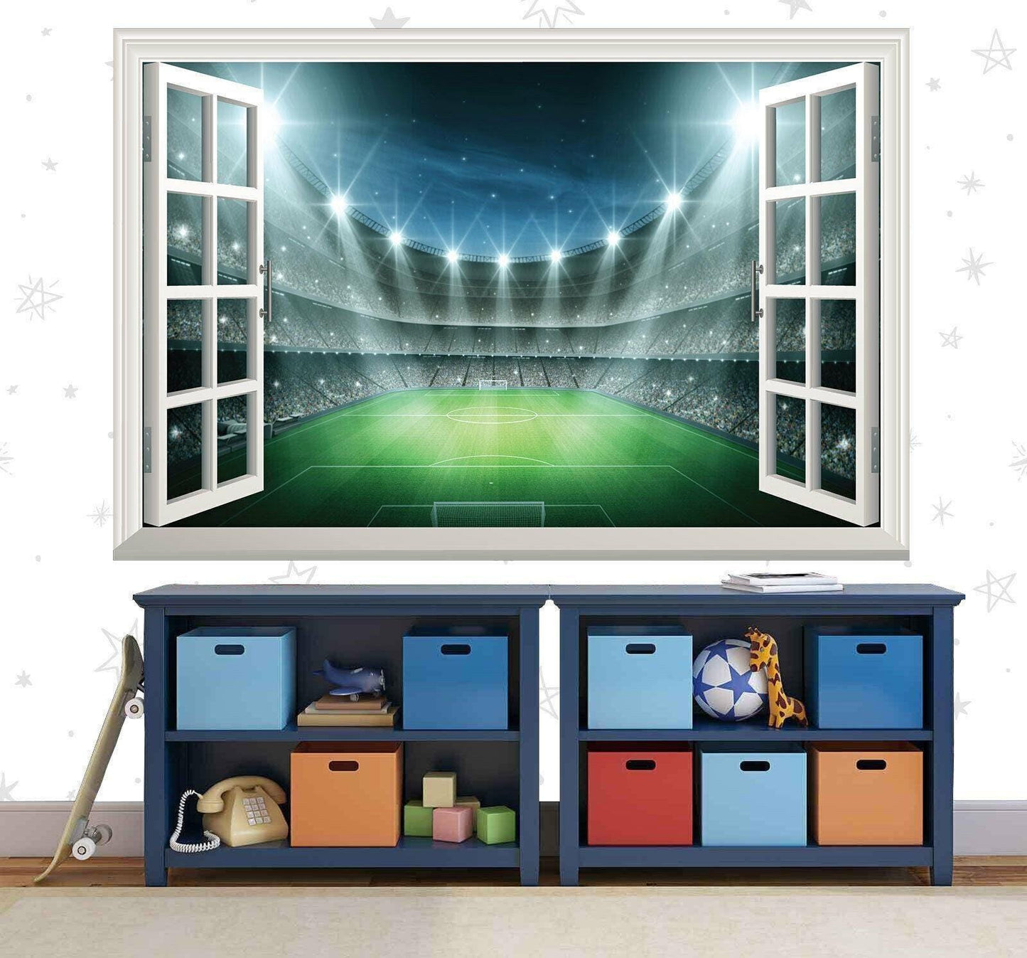 Football Stadium 3D Window View Wall Decal: Sports Bedroom Mural
