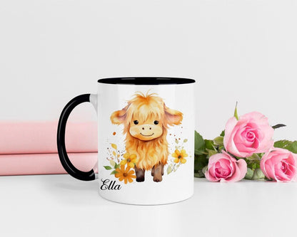 Highland Cow Personalised Mug & Coaster Set Fluffy Cute Highland Cow Girls Gift For Birthdays Christmas