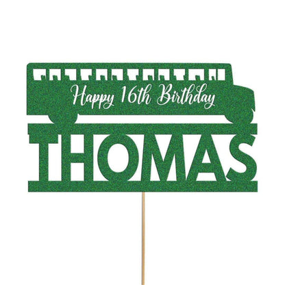 Personalised Glitter Bus Cake Topper: Custom Name & Age