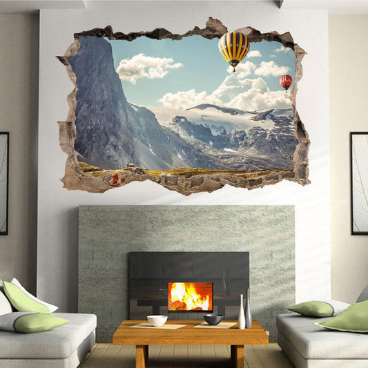 Hot Air Balloon 3D Window View Wall Decal: Vinyl Office Mural (45cm x 60cm)
