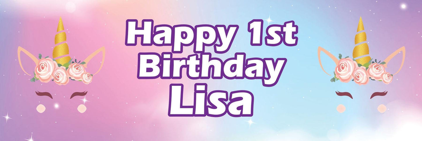 2x Personalised Unicorn Birthday Banner: Girls Fairytale Party Decoration Customise With Any Name & Age