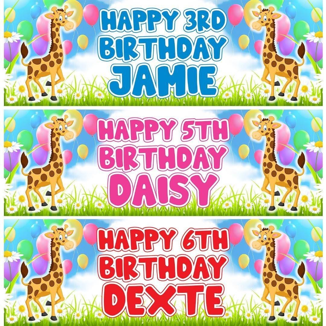 2 Personalised Birthday With Giraffe Banners Party Celebration Decoration Poster