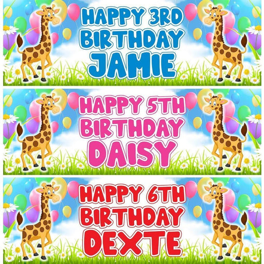 2 Personalised Birthday With Giraffe Banners Party Celebration Decoration Poster