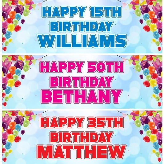 2 Personalised Birthday Celebration Banners Party Posters For Children Balloon And Bunting Themed