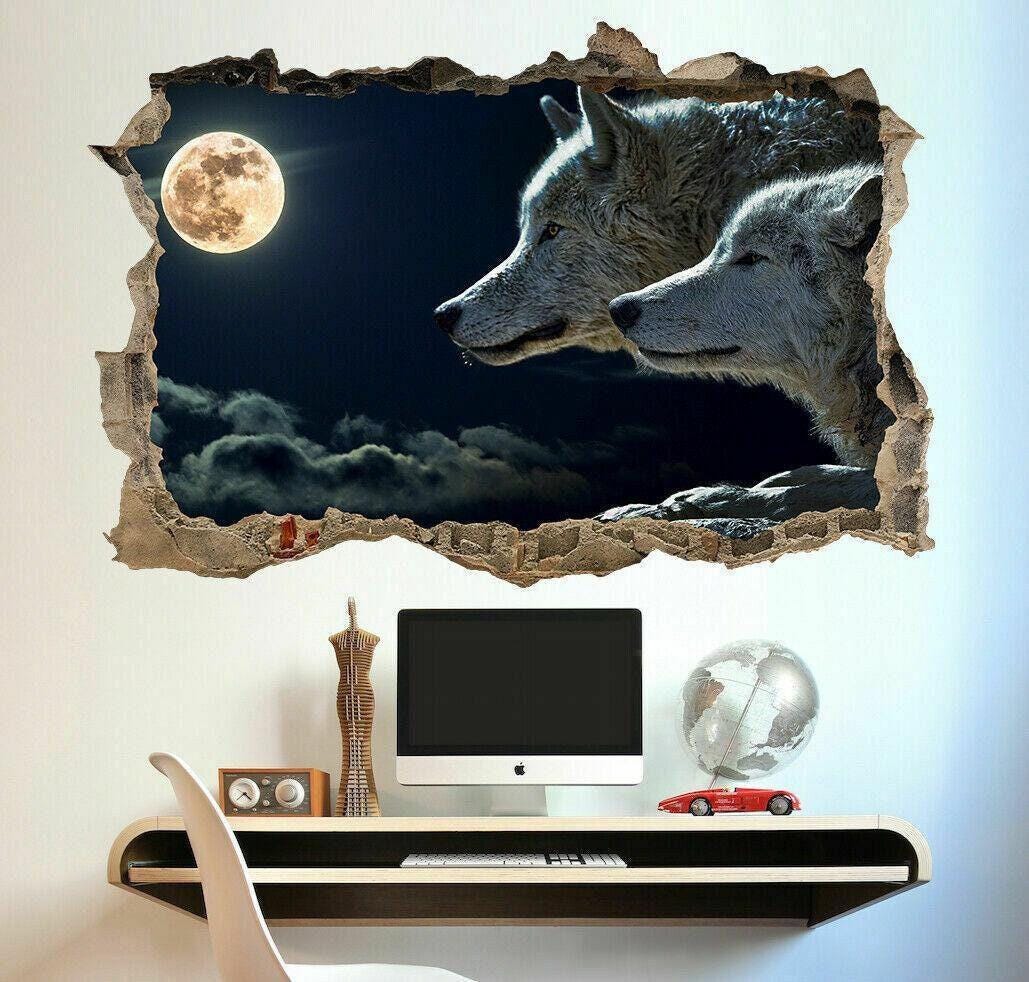 Wolf Moon 3D Window View Wall Decal: Vinyl Mural Sticker