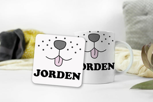 Personalised Name Mug & Coaster Gift Set Puppy Dog Face Birthday Keepsake Gift