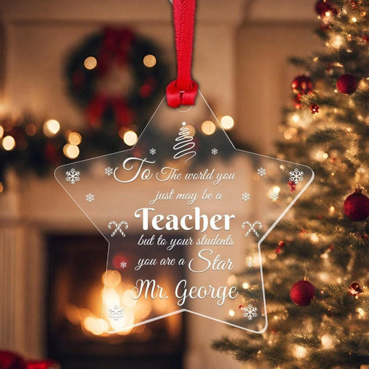 Personalised Star Hanging Christmas Tree Decoration Engraved Teacher Bauble Xmas Gift
