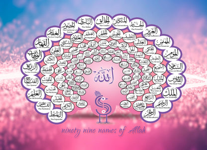 99 Name Of Allah Islamic Arabic Around Pink Peacock English Poster Wall