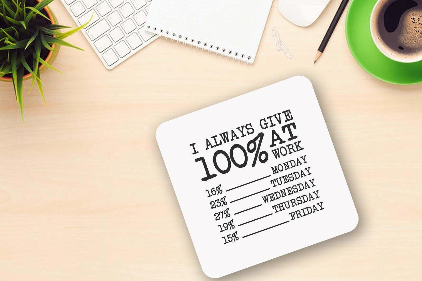 Funny 100% At Work Coffee Mug - Office Humor Gift with Coaster