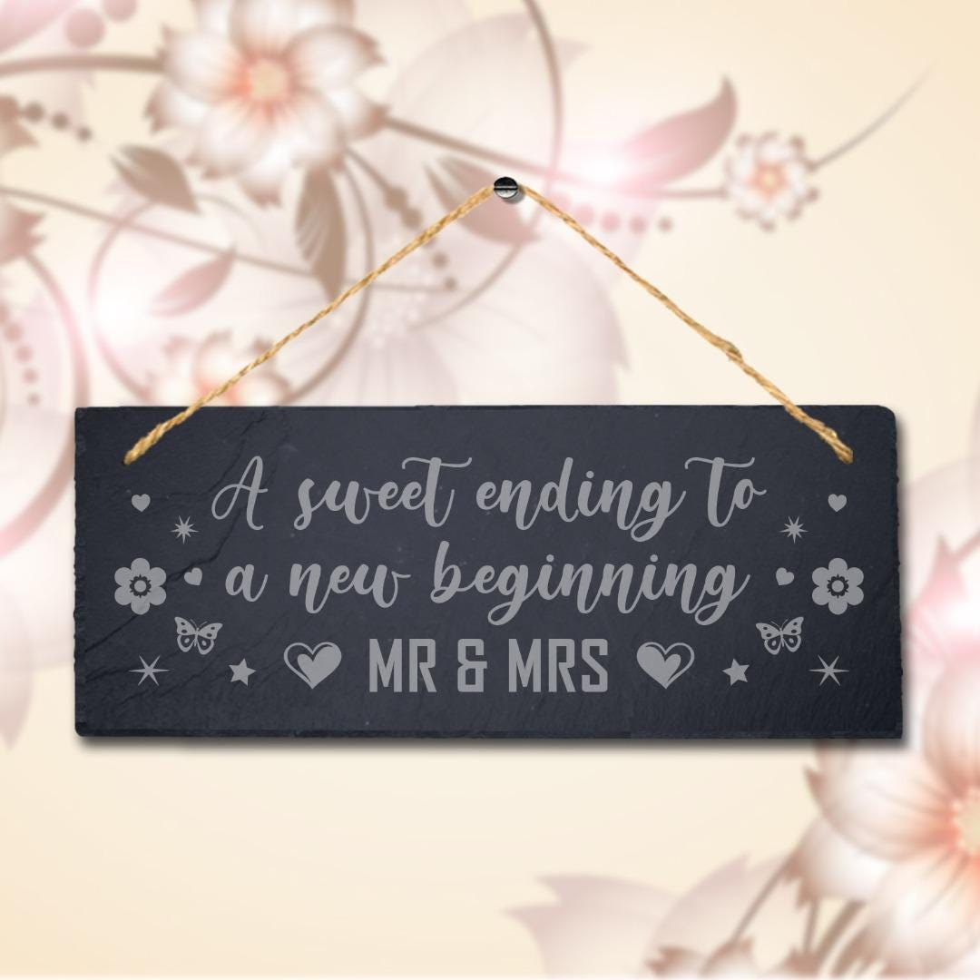Laser Engraved Slate Wedding Plaque: Sweet Ending New Beginning
