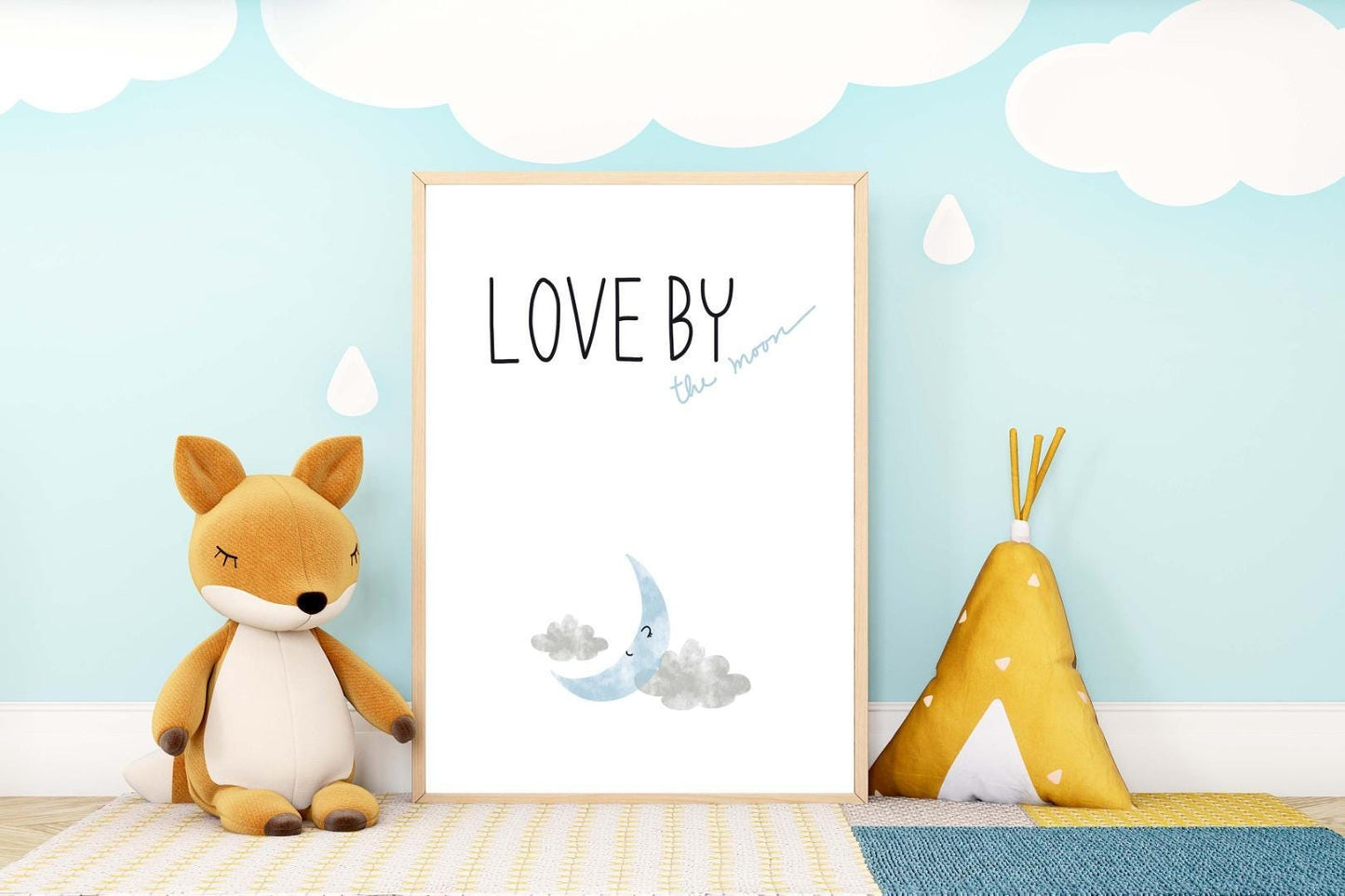 Love The Moon Kids Boho Watercolour Hand Painted Effect Nursery Wall Art Poster