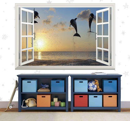 Dolphin Sunset Wall Decal: 3D Window View Vinyl Mural