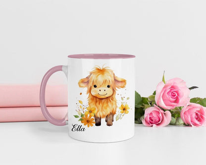 Highland Cow Personalised Mug & Coaster Set Fluffy Cute Highland Cow Girls Gift For Birthdays Christmas