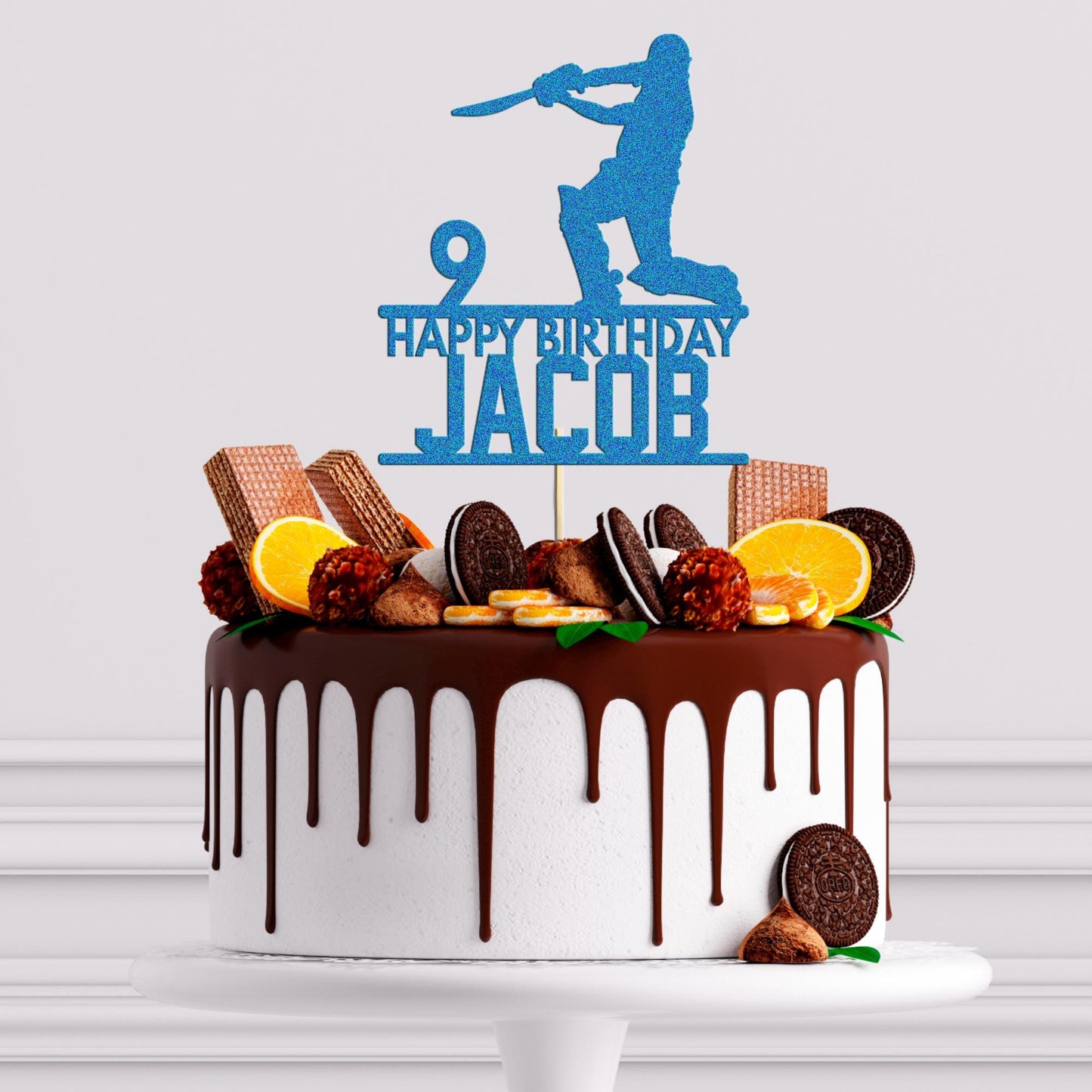 Personalised Glitter Cricket Birthday Cake Topper