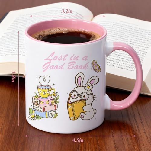 Cute Bunny Book Lover with Pastel Flowers and | Ceramic Coffee Mug | 11 OZ