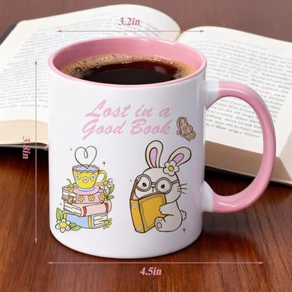 Cute Bunny Book Lover with Pastel Flowers and | Ceramic Coffee Mug | 11 OZ