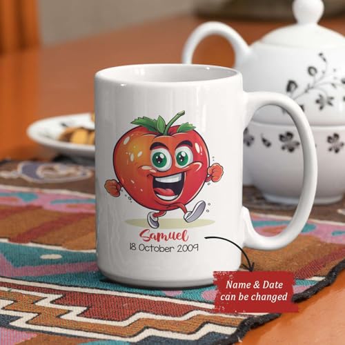 Funny Tomato Cartoon Custom Name And Date | Customised Coffee Mug | 11 OZ