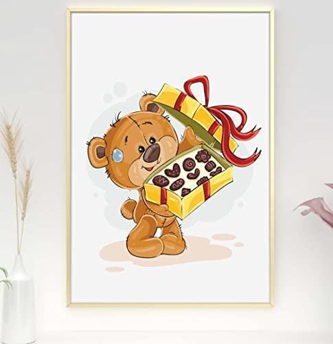 Teddy Bear Chocolate Gift Art Print: Scandinavian Nursery Decor