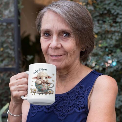 Lamb With Customized Name In Floral Design | Customised Coffee Mug | 11 OZ