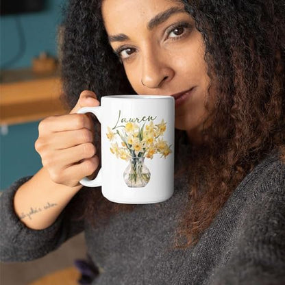 Personalized Name On Daffodils Travel | Customised Coffee Mug | 11 OZ