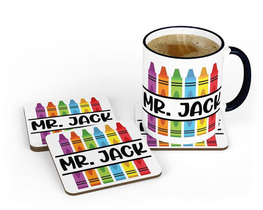 Personalised Teacher Name Crayon Mug & Coaster Set Teacher Teaching Assistant Nursery Gift