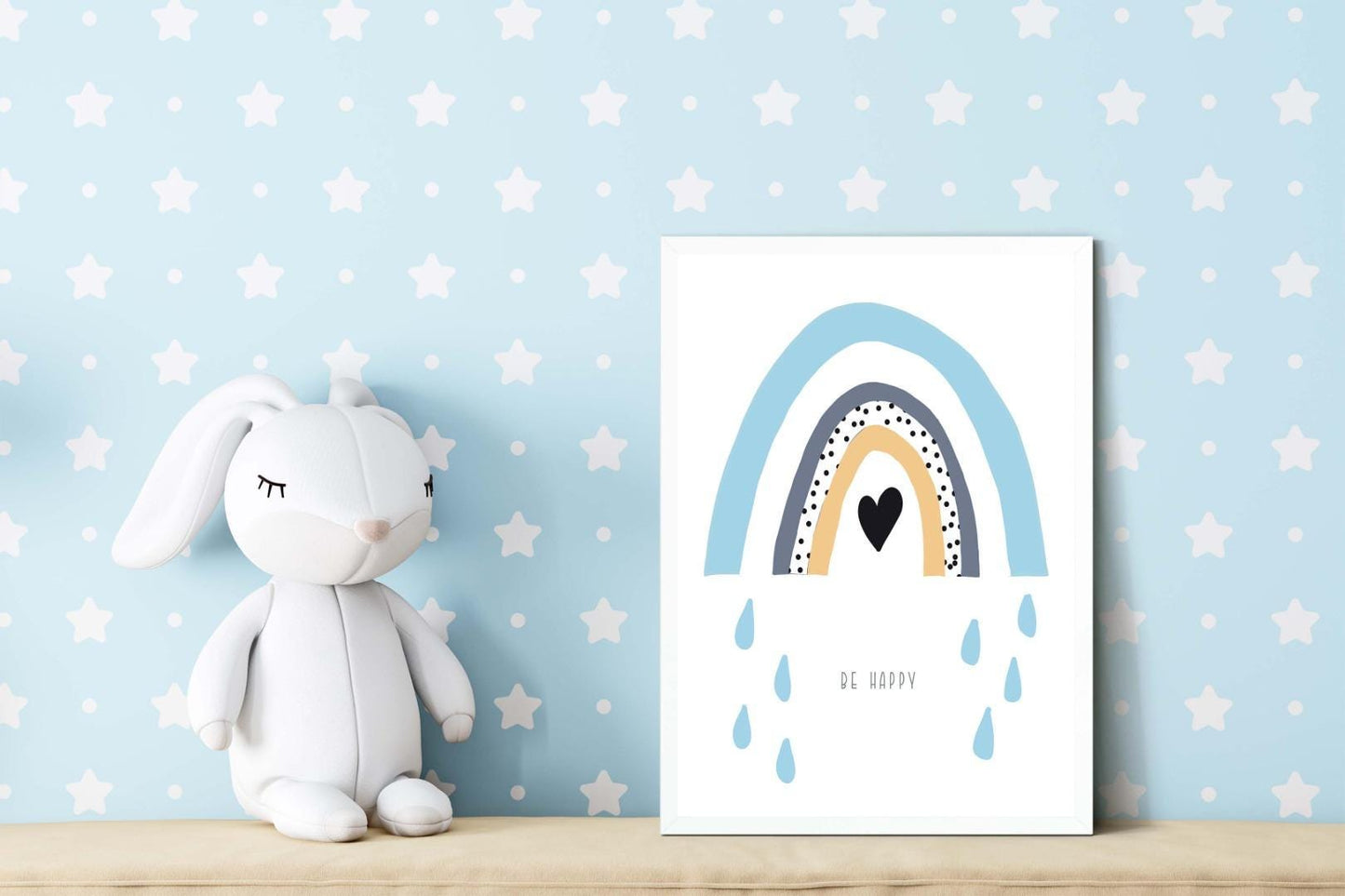 Rain Drops Boy Boho Watercolour Hand Painted Effect Rainbow Nursery Art Poster