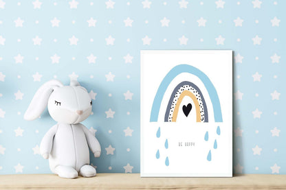 Rain Drops Boy Boho Watercolour Hand Painted Effect Rainbow Nursery Art Poster