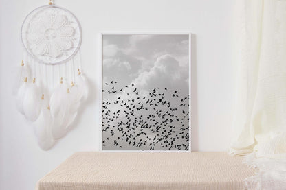 Birds Cloudy Sky Bedroom Minimalist Wall Art Home Room Decor Print Poster