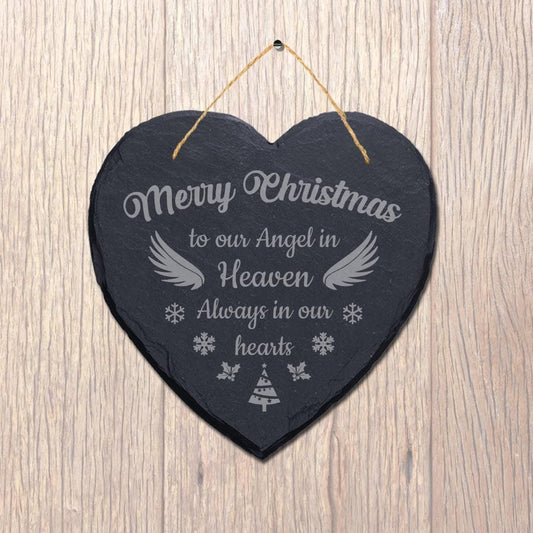 Merry Christmas To Our Angel Engraved Wall Hanging Memorial Heart Shape Slate Sign