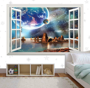 3D Alien Planet Window View Wall Decal - Fantasy Landscape Mural