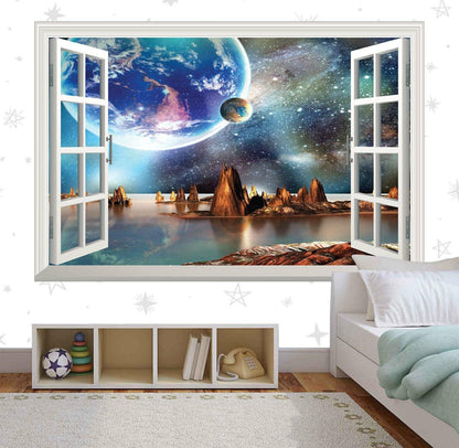 3D Alien Planet Window View Wall Decal - Fantasy Landscape Mural