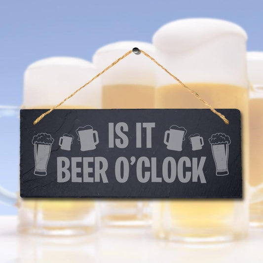 Laser Engraved Slate Beer O'Clock Bar Sign with Jute Rope