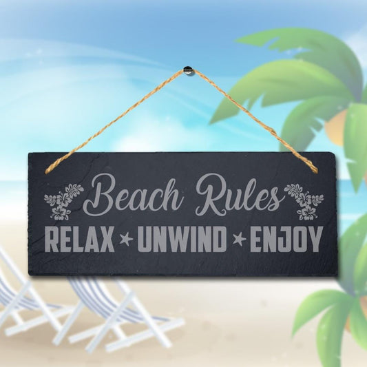 Beach Rules Relax Unwind Enjoy Engraved Hanging Slate Ocean Beach Plaque Sign