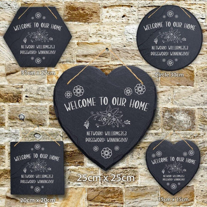 Welcome To Our Home Wifi Password Internet Personalised Hanging Slate Sign