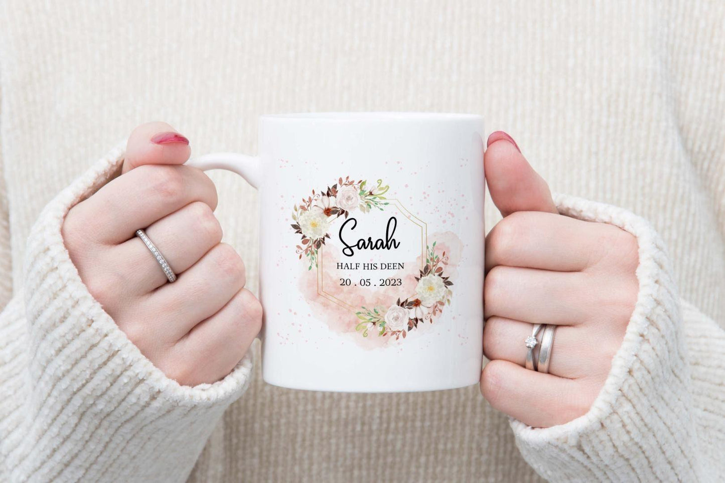 Personalised Islamic Couple Mug Set: Floral Wedding Gifts