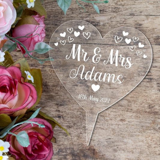 Personalised Mr & Mrs Wedding Cake Topper Engraved Acrylic Heart Decoration