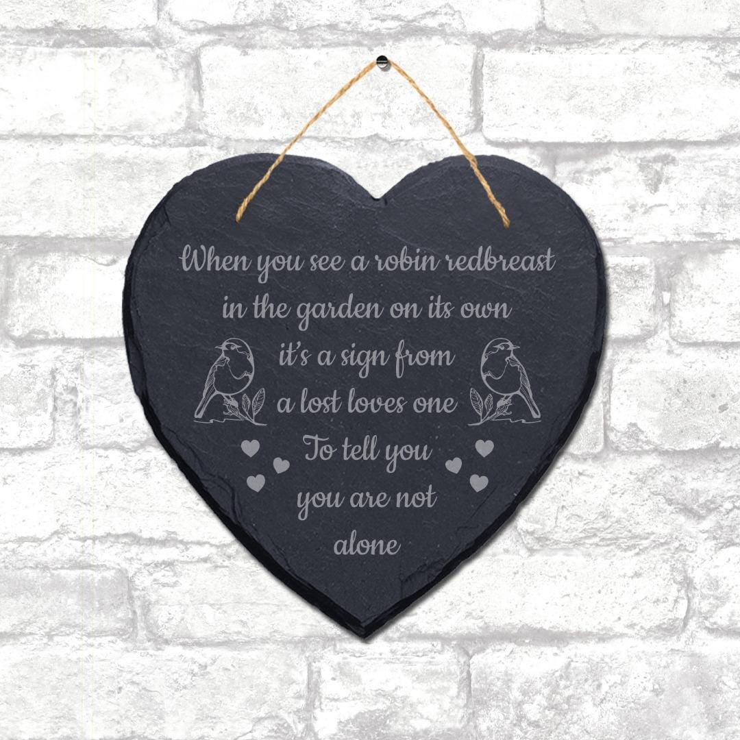 Robin Redbreast Garden Engraved Hanging Memorial Heart Shape Slate Plaque Sign
