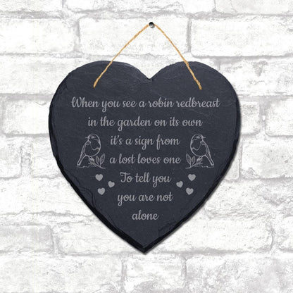 Robin Redbreast Garden Engraved Hanging Memorial Heart Shape Slate Plaque Sign