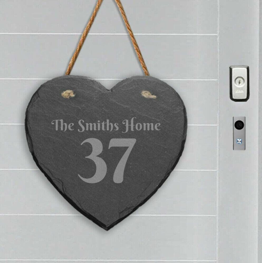 Personalised Slate Stone Hanging Heart House Number Name Door Sign Plaque