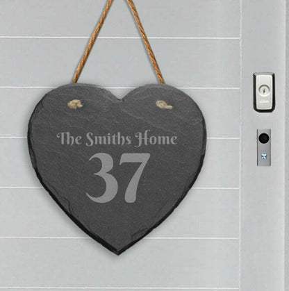 Personalised Slate Stone Hanging Heart House Number Name Door Sign Plaque