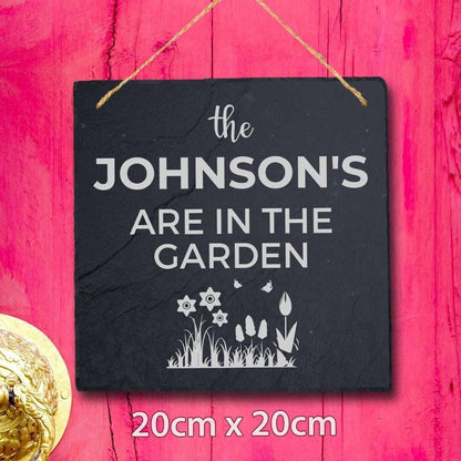 Personalised In The Garden Family Name Hanging Slate Engraved Sign Plaque