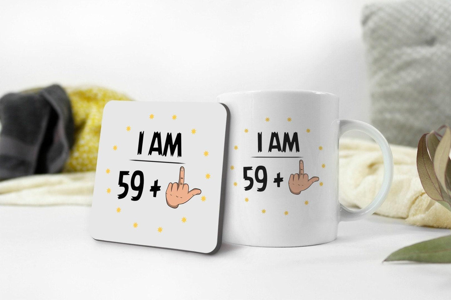 Funny 60th Birthday Mug: Rude Middle Finger Design, Includes Coaster Set