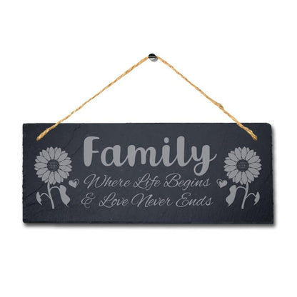 Family Where Life Begins Laser Engraved Hanging Slate House Home Plaque Sign