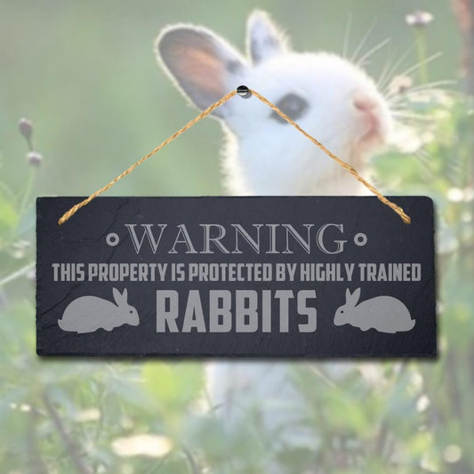 Warning Property Is Protected By Trained Rabbits Hanging Slate Bunny Plaque Sign