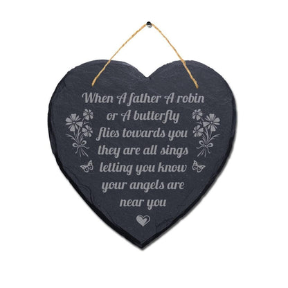 When Father Robin Butterfly Engraved Hanging Memorial Heart Shape Slate Plaque Sign