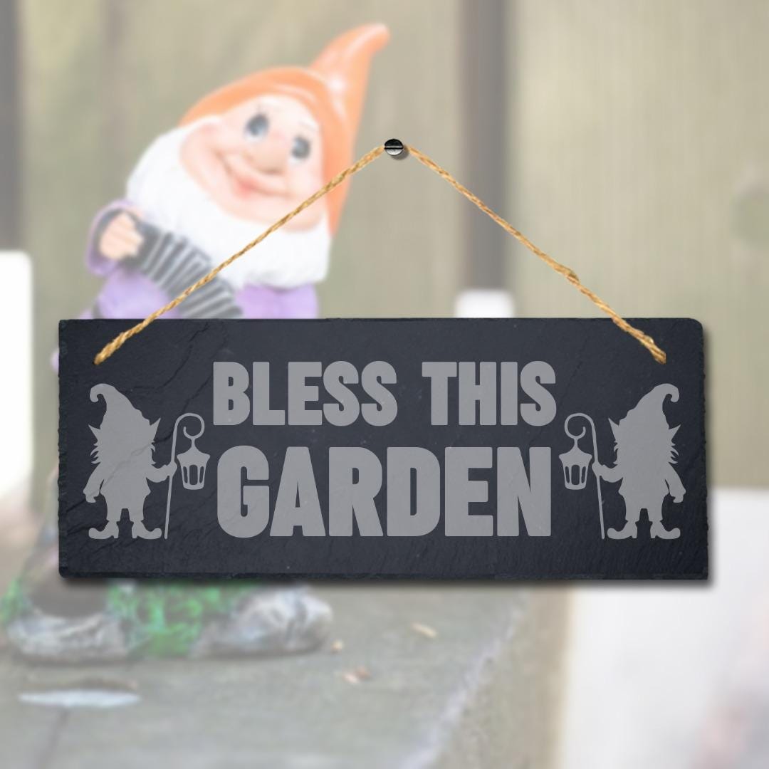 Bless This Garden Laser Engraved Hanging Slate Garden Home Decor Plaque Sign
