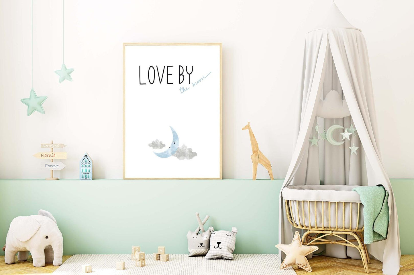 Love The Moon Kids Boho Watercolour Hand Painted Effect Nursery Wall Art Poster