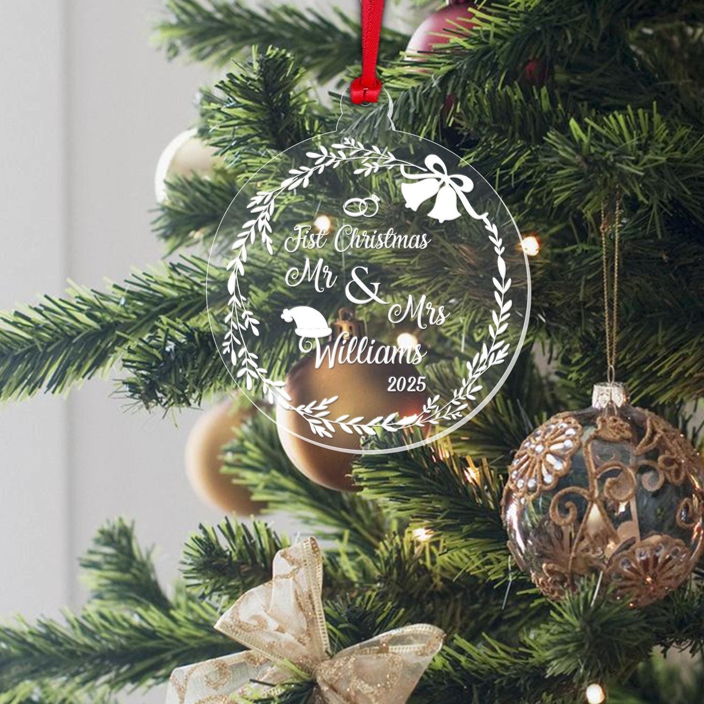 Personalised First Christmas Couple Bauble: Laser Engraved Acrylic Tree Decor