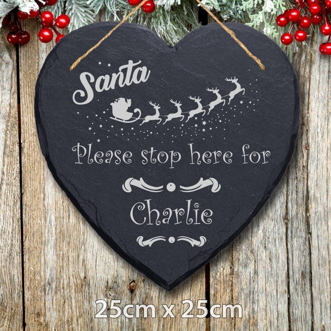 Santa Please Stop Here Personalised Christmas Slate Hanging Door Signs